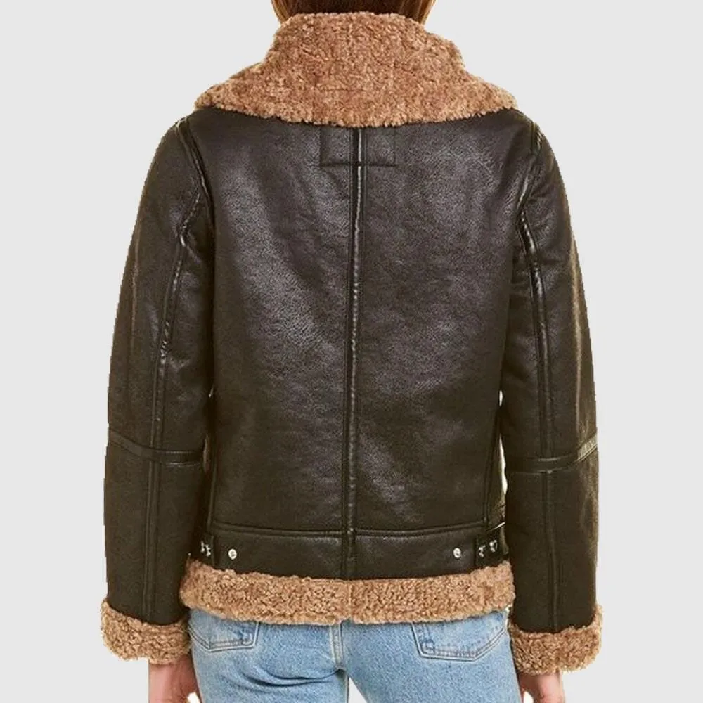 Womens Black SF Bomber Aviator Shearling Jacket