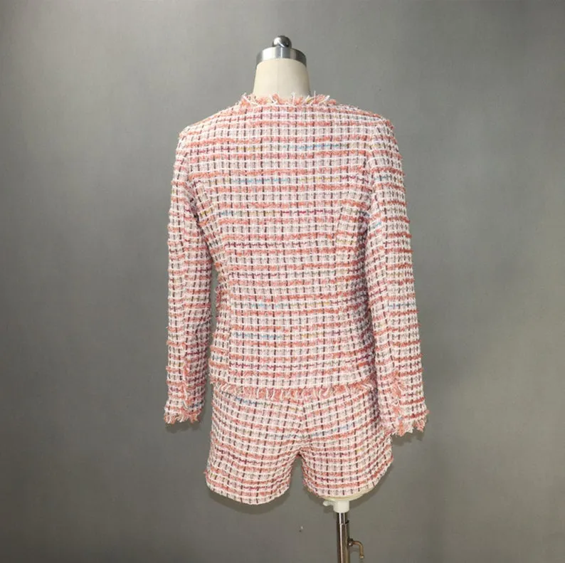 Womens Checked Tassel Jacket Coat Blazer Shorts/Skirts