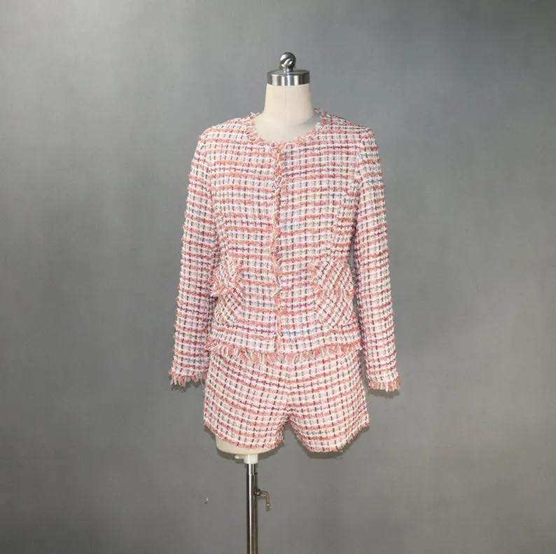 Womens Checked Tassel Jacket Coat Blazer Shorts/Skirts