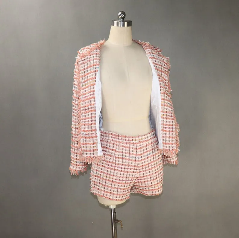 Womens Checked Tassel Jacket Coat Blazer Shorts/Skirts