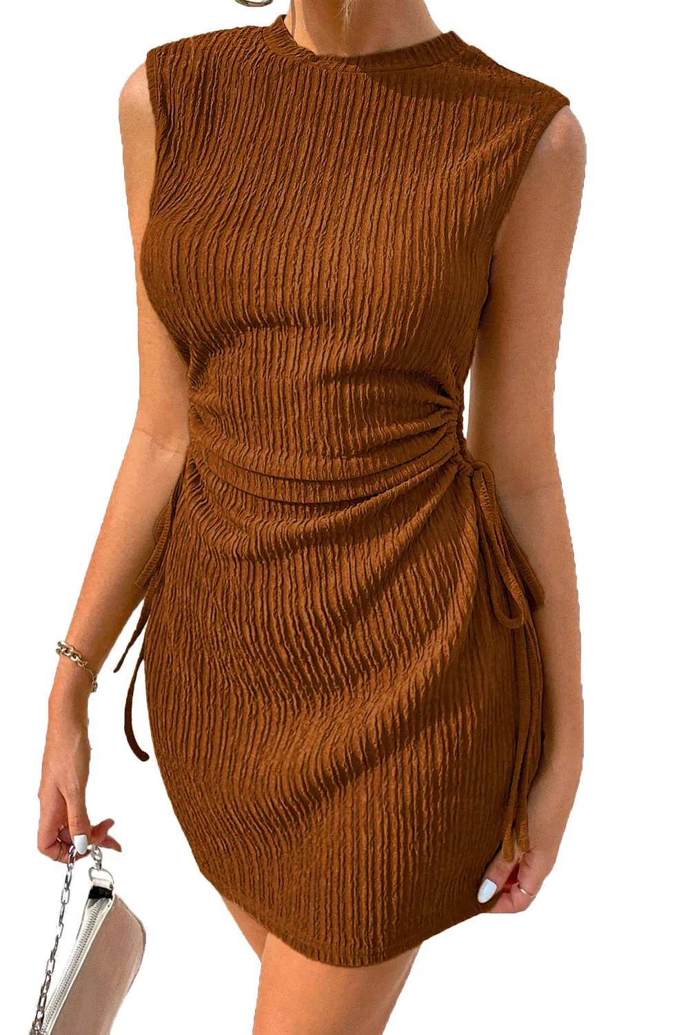 Womens Crew Neck Sleeveless Bodycon Dress Cut Out Drawstring Ruched Mini Party Dress