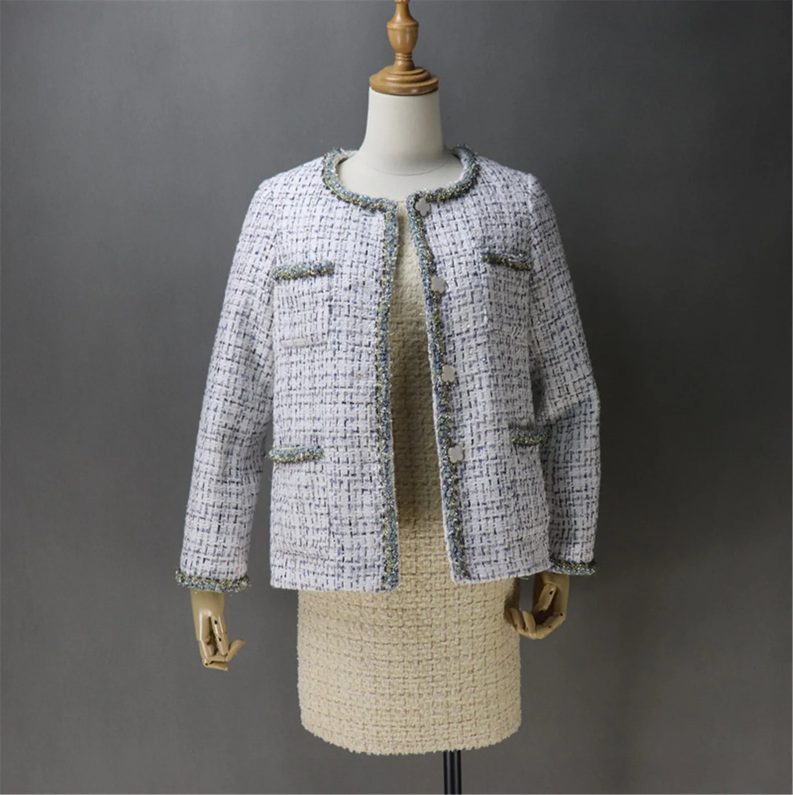 Womens CUSTOM MADE Little Flower Button Tweed Jacket Coat Blazer