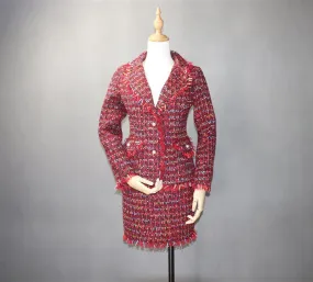 Women's Designer Inspired CUSTOM MADE Hand Made Pearl Buttons Tweed Jacket Coat Blazer   Skirt Red