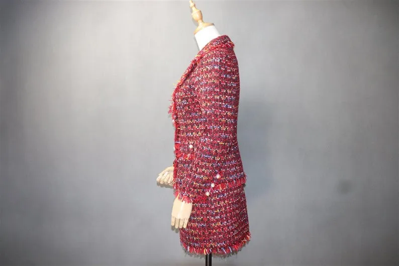 Women's Designer Inspired CUSTOM MADE Hand Made Pearl Buttons Tweed Jacket Coat Blazer   Skirt Red