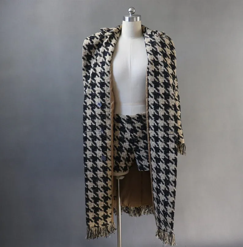 Women's Designer Inspired CUSTOM MADE Hounds tooth Frayed Long Coat