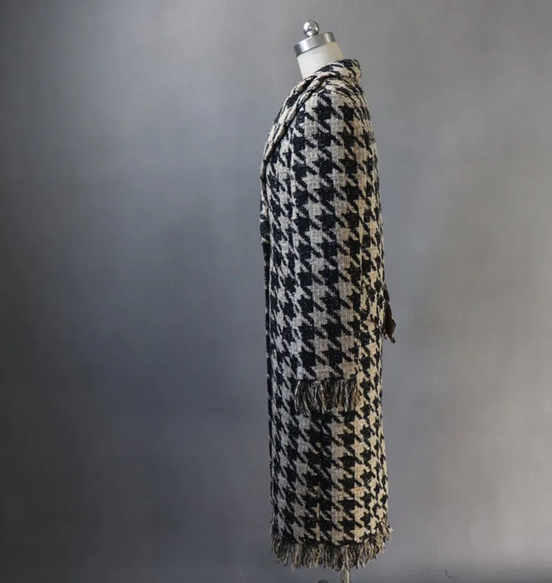 Women's Designer Inspired CUSTOM MADE Hounds tooth Frayed Long Coat