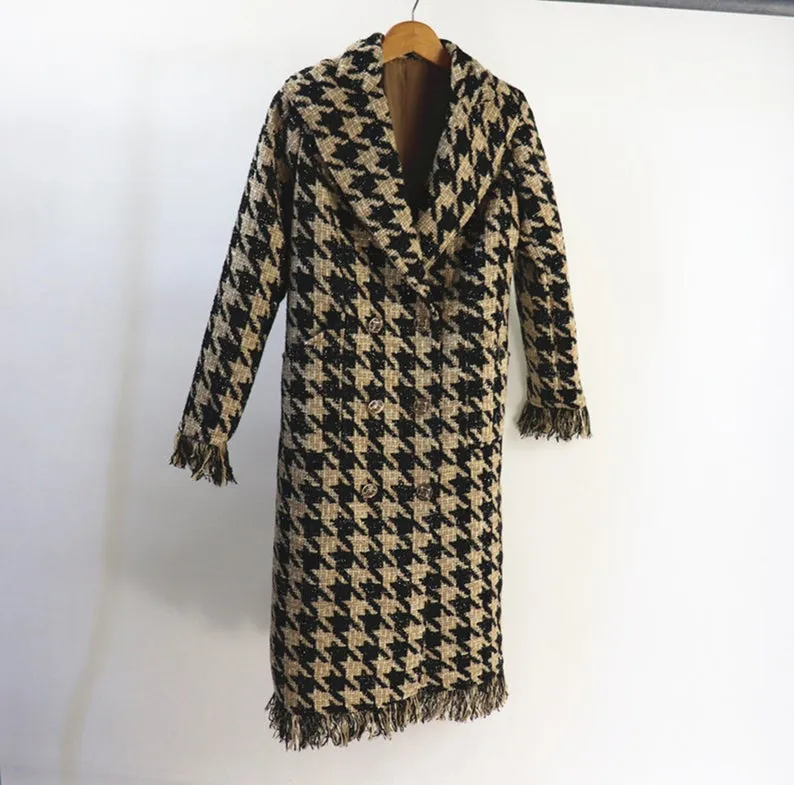 Women's Designer Inspired CUSTOM MADE Hounds tooth Frayed Long Coat