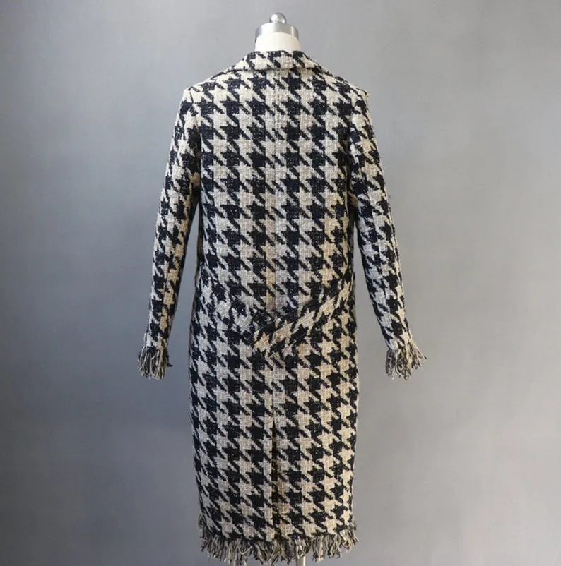 Women's Designer Inspired CUSTOM MADE Hounds tooth Frayed Long Coat