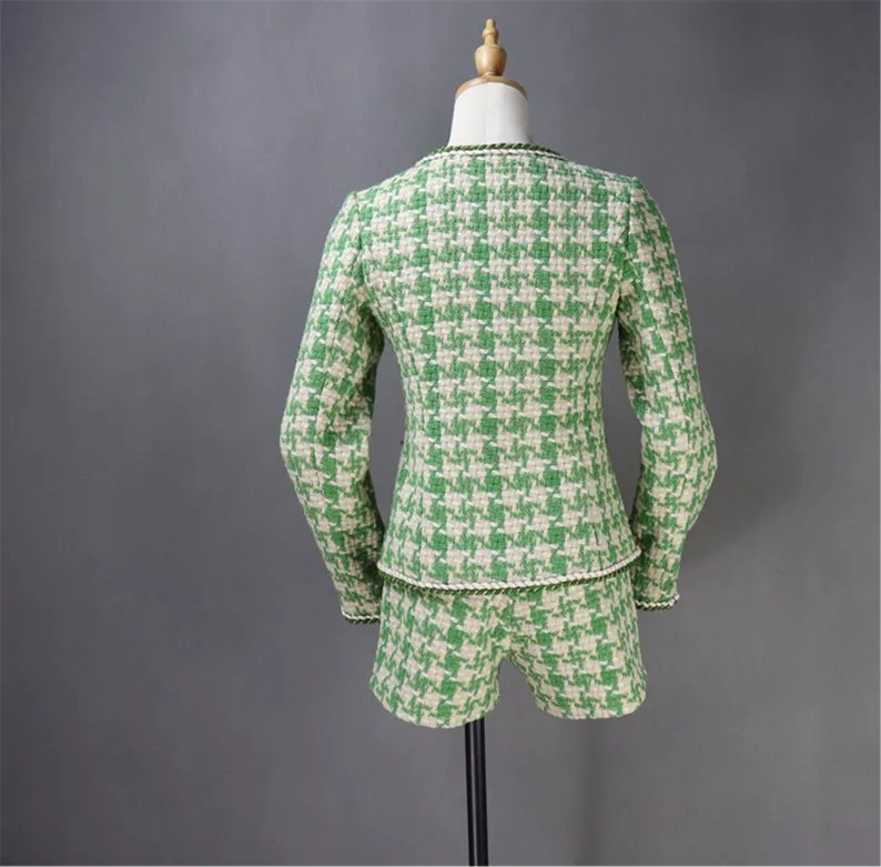 Women's Designer Inspired CUSTOM MADE Hounds tooth Tweed Jacket Coat Blazer   Skirt/ Shorts Suit Green