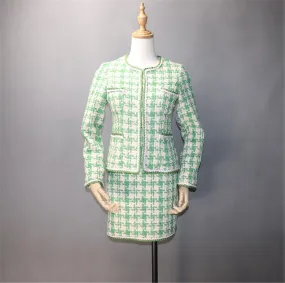 Women's Designer Inspired CUSTOM MADE Hounds tooth Tweed Jacket Coat Blazer   Skirt/ Shorts Suit Green