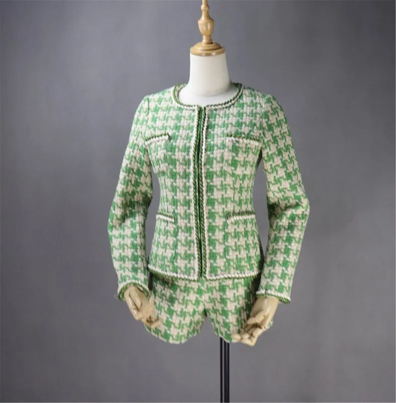 Women's Designer Inspired CUSTOM MADE Hounds tooth Tweed Jacket Coat Blazer   Skirt/ Shorts Suit Green