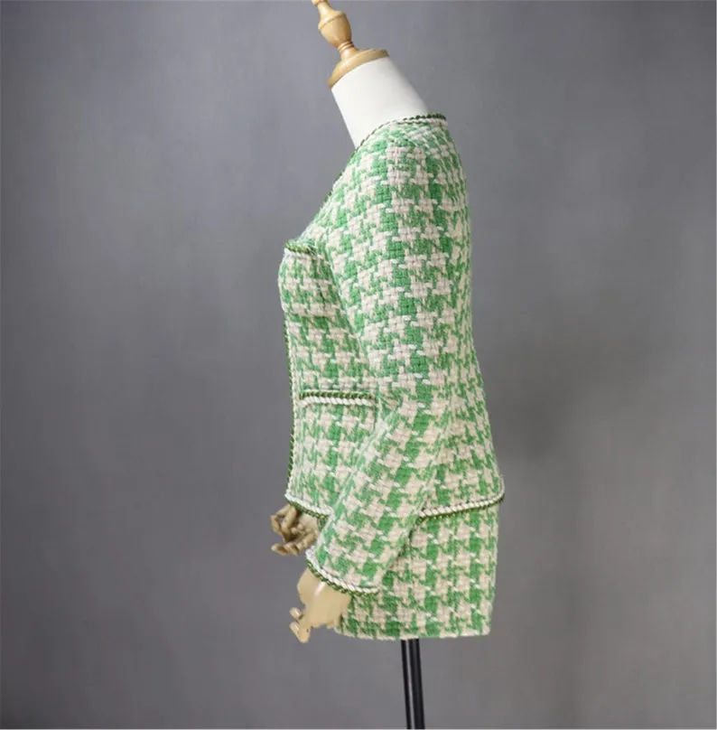 Women's Designer Inspired CUSTOM MADE Hounds tooth Tweed Jacket Coat Blazer   Skirt/ Shorts Suit Green