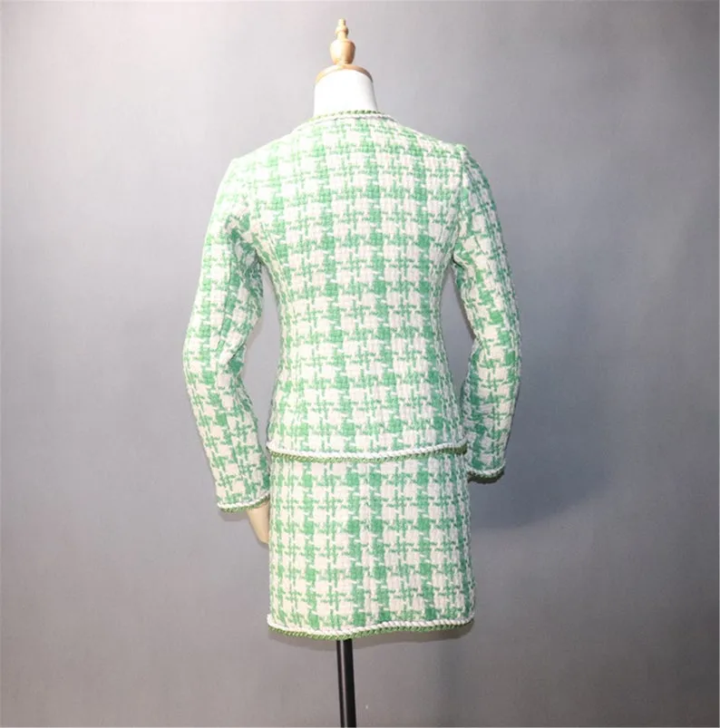 Women's Designer Inspired CUSTOM MADE Hounds tooth Tweed Jacket Coat Blazer   Skirt/ Shorts Suit Green