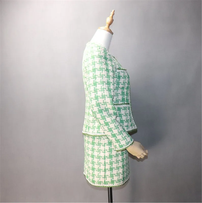 Women's Designer Inspired CUSTOM MADE Hounds tooth Tweed Jacket Coat Blazer   Skirt/ Shorts Suit Green