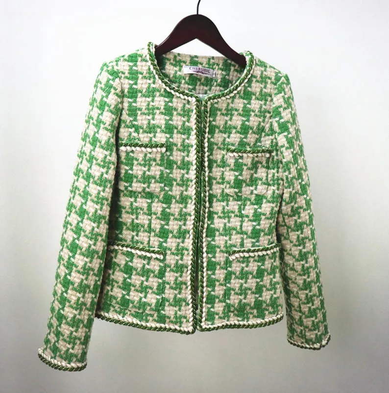 Women's Designer Inspired CUSTOM MADE Hounds tooth Tweed Jacket Coat Blazer   Skirt/ Shorts Suit Green