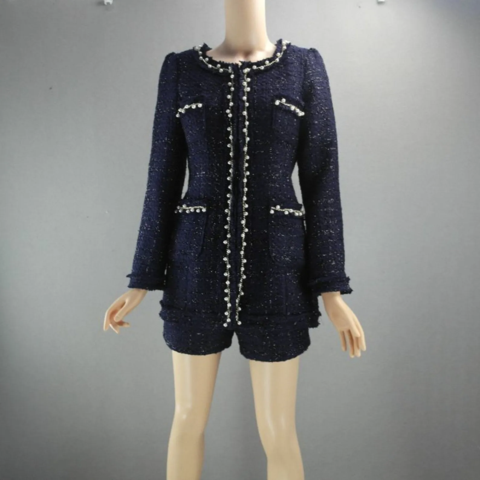 Womens Designer Inspired CUSTOM MADE Pearl Navy Jacket Coat Blazer Shorts/Skirts