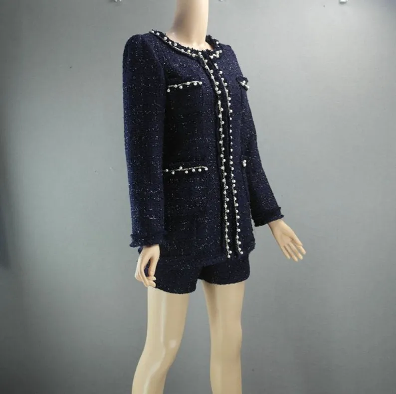 Womens Designer Inspired CUSTOM MADE Pearl Navy Jacket Coat Blazer Shorts/Skirts