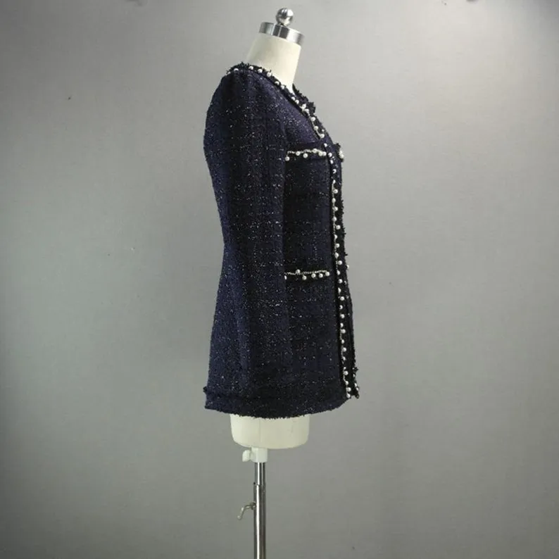 Womens Designer Inspired CUSTOM MADE Pearl Navy Jacket Coat Blazer Shorts/Skirts