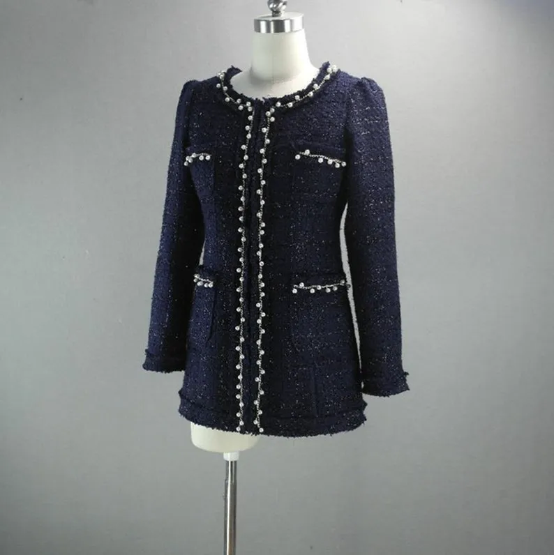 Womens Designer Inspired CUSTOM MADE Pearl Navy Jacket Coat Blazer Shorts/Skirts