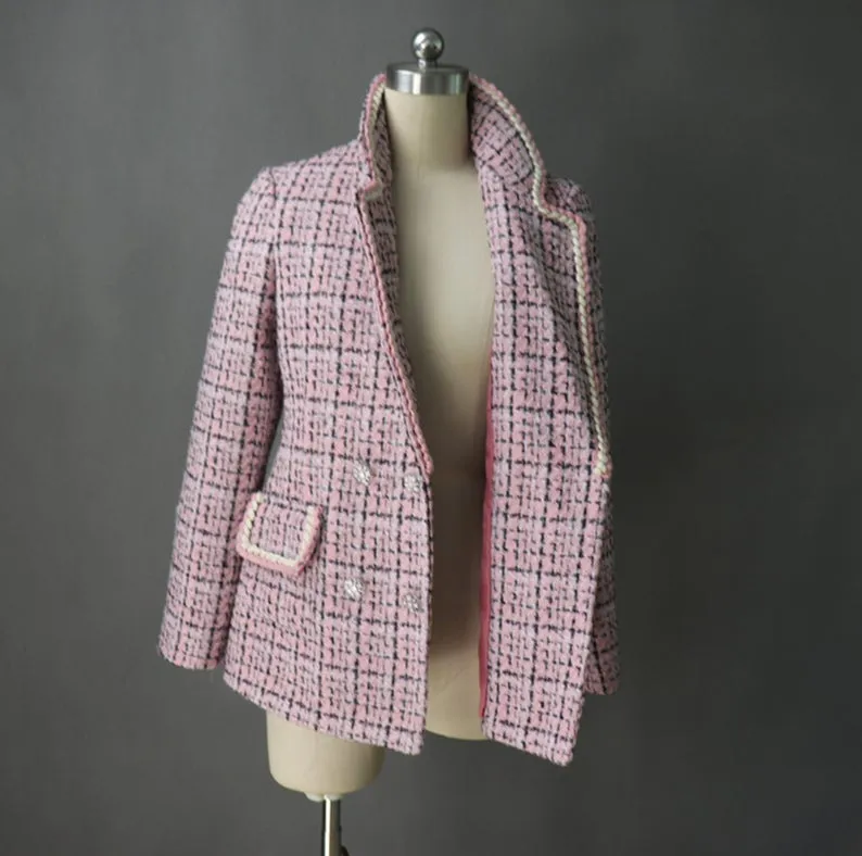 Womens Designer Inspired CUSTOM MADE to Order Pink Hounds tooth Tweed Jacket Coat Blazer