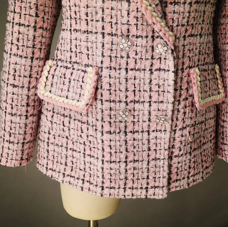 Womens Designer Inspired CUSTOM MADE to Order Pink Hounds tooth Tweed Jacket Coat Blazer