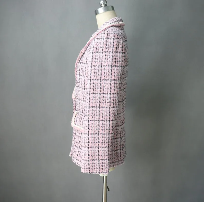 Womens Designer Inspired CUSTOM MADE to Order Pink Hounds tooth Tweed Jacket Coat Blazer