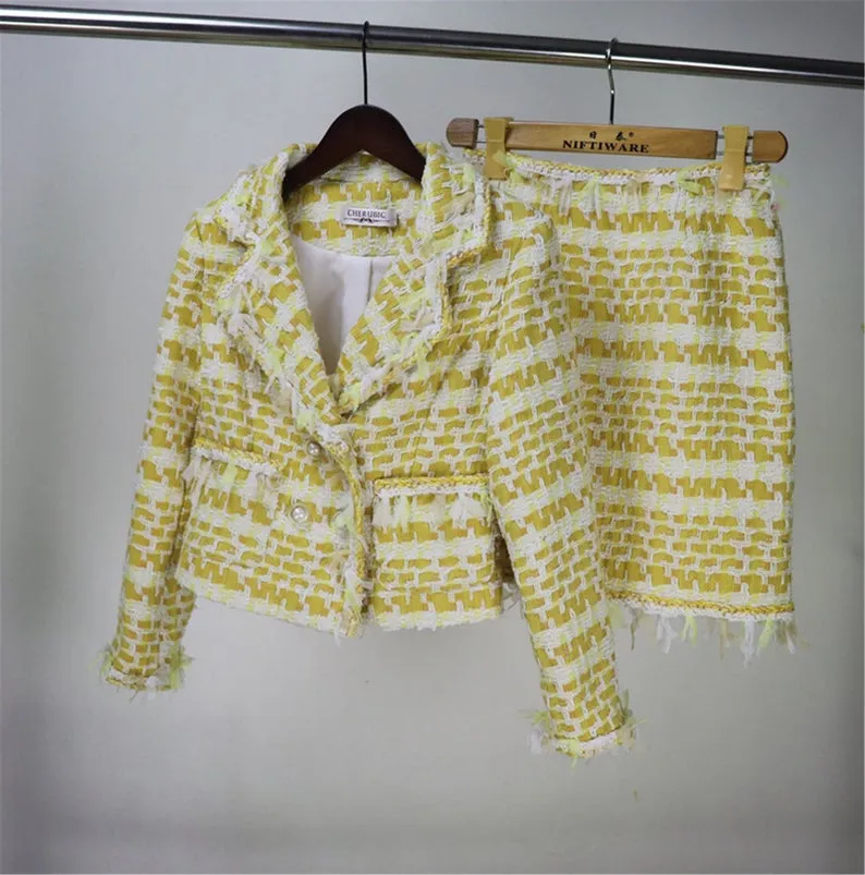 Womens Designer Inspired Custom Made Yellow Tweed Blazer   Skirt Suit