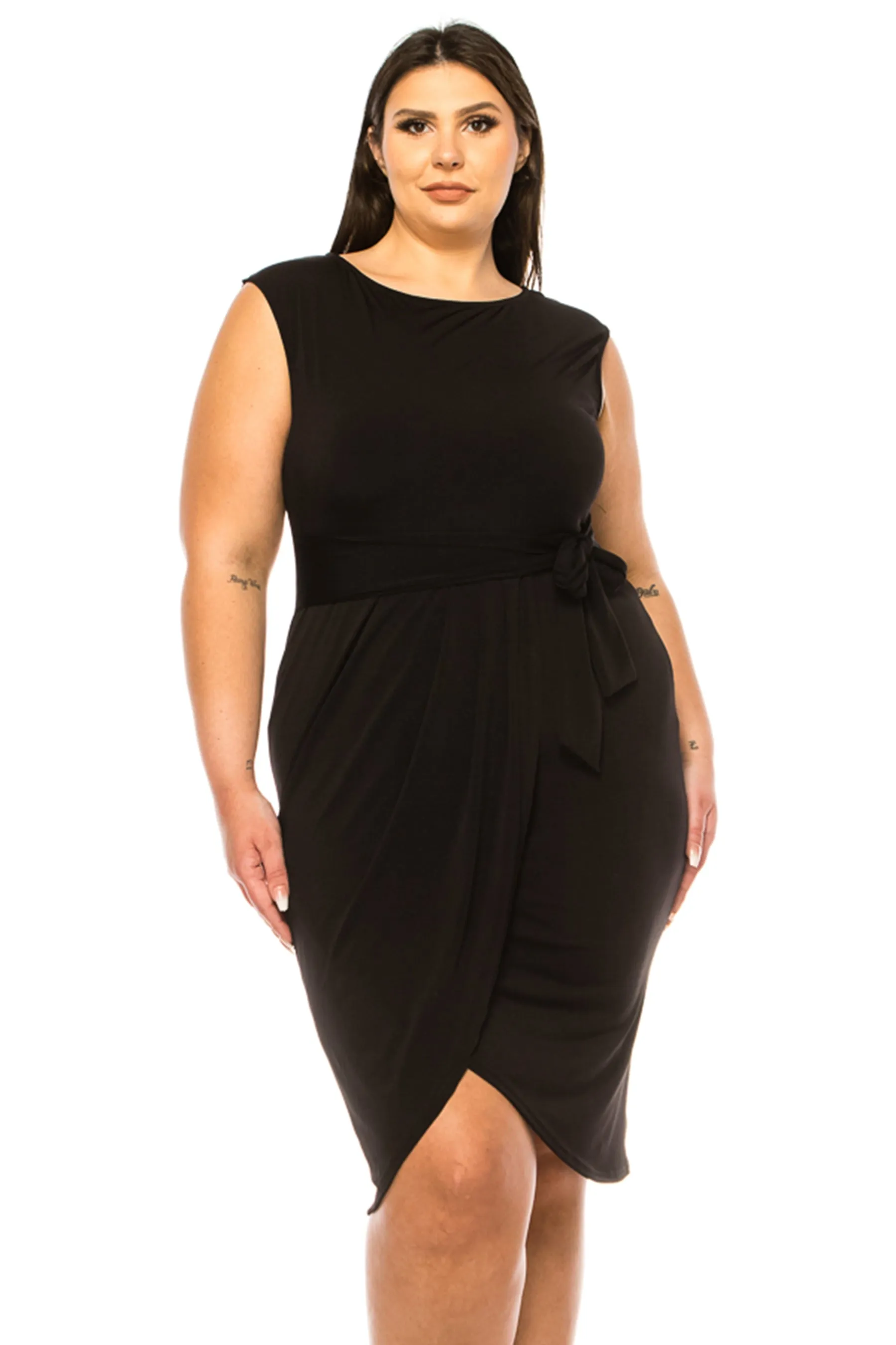 Women's Plus Size Sleeveless Sheath Dress Knife PleatsTulip Skirt Front Sash Detail