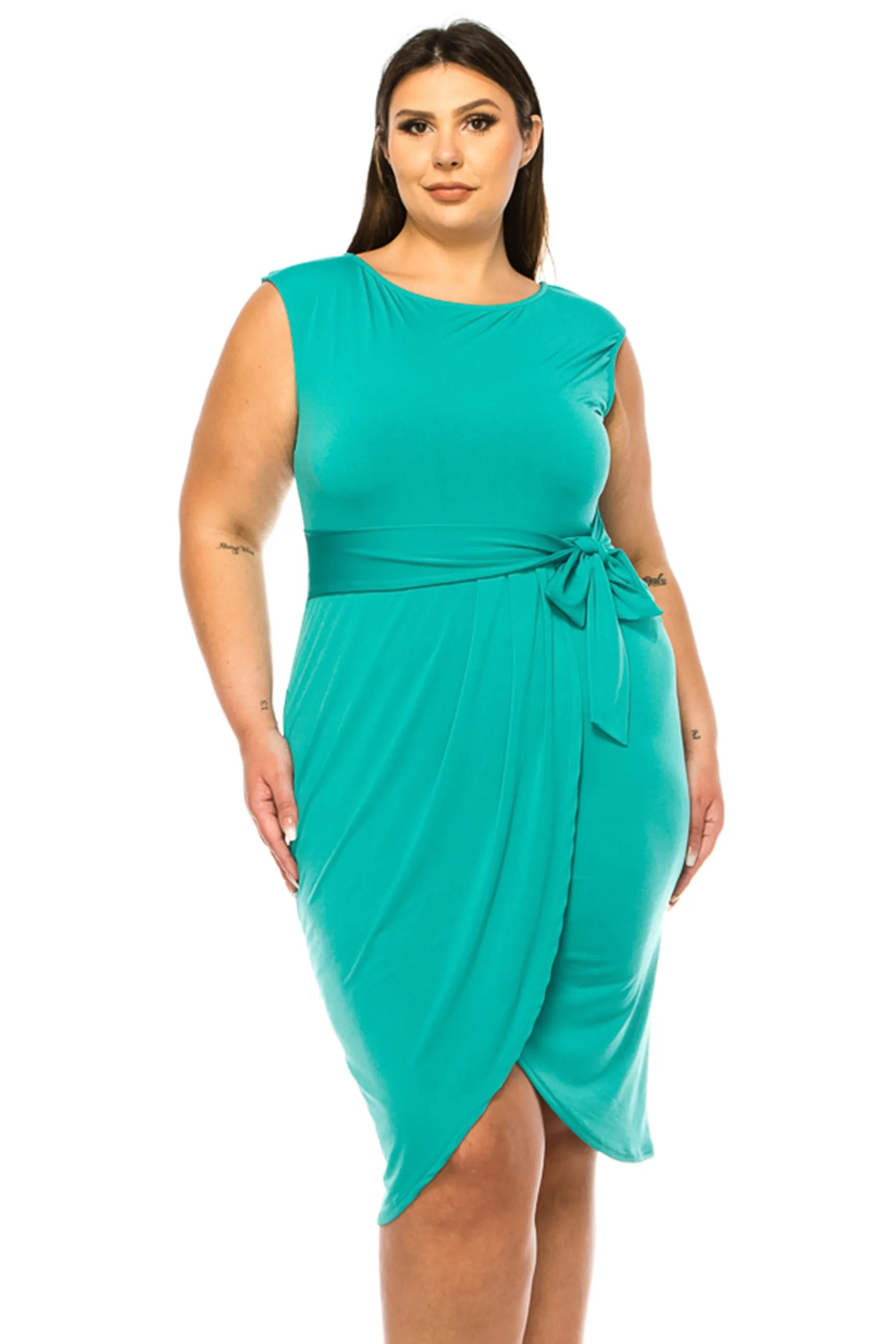 Women's Plus Size Sleeveless Sheath Dress Knife PleatsTulip Skirt Front Sash Detail