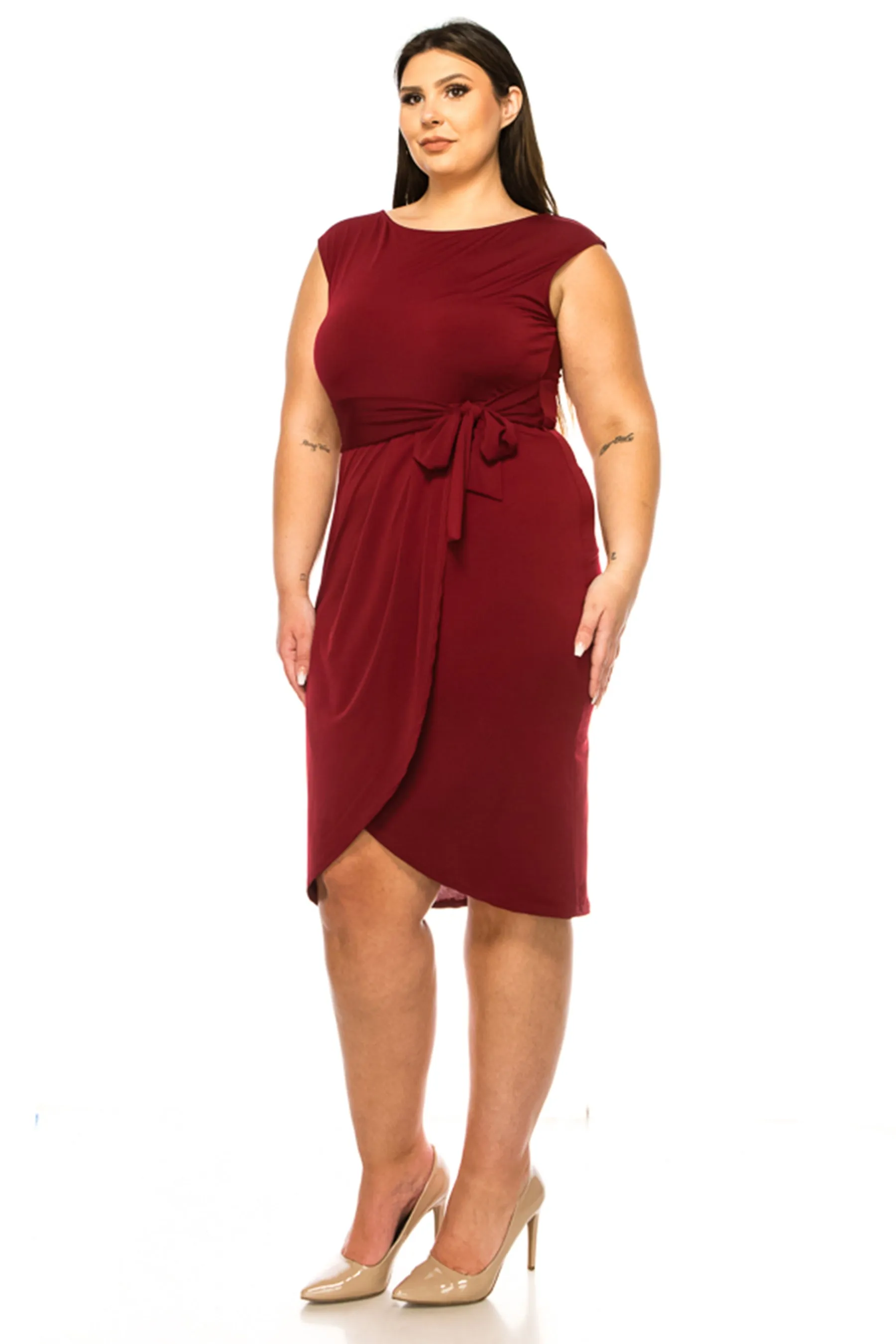 Women's Plus Size Sleeveless Sheath Dress Knife PleatsTulip Skirt Front Sash Detail