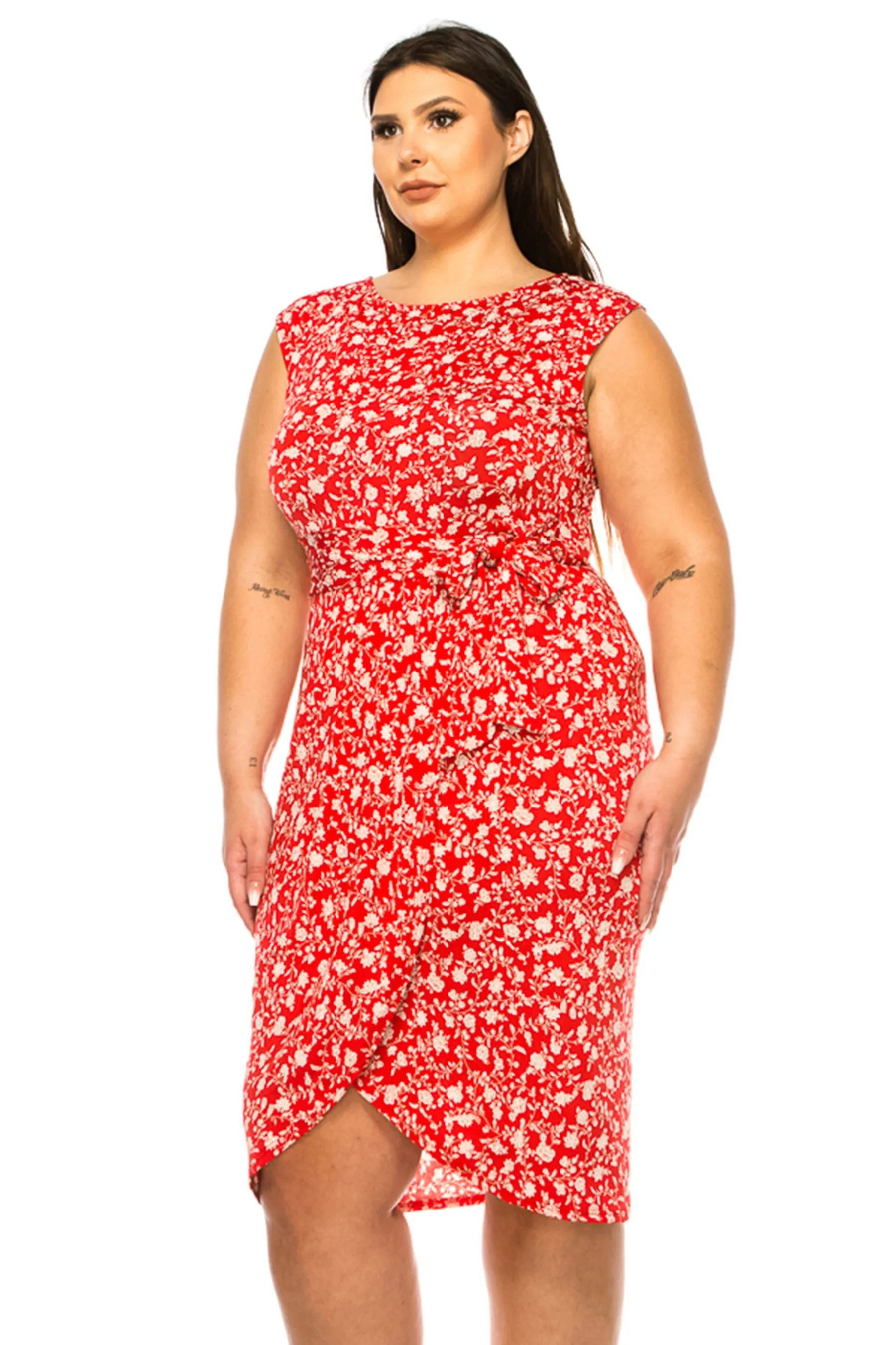 Women's Plus Size Sleeveless Sheath Dress Knife PleatsTulip Skirt Front Sash Detail