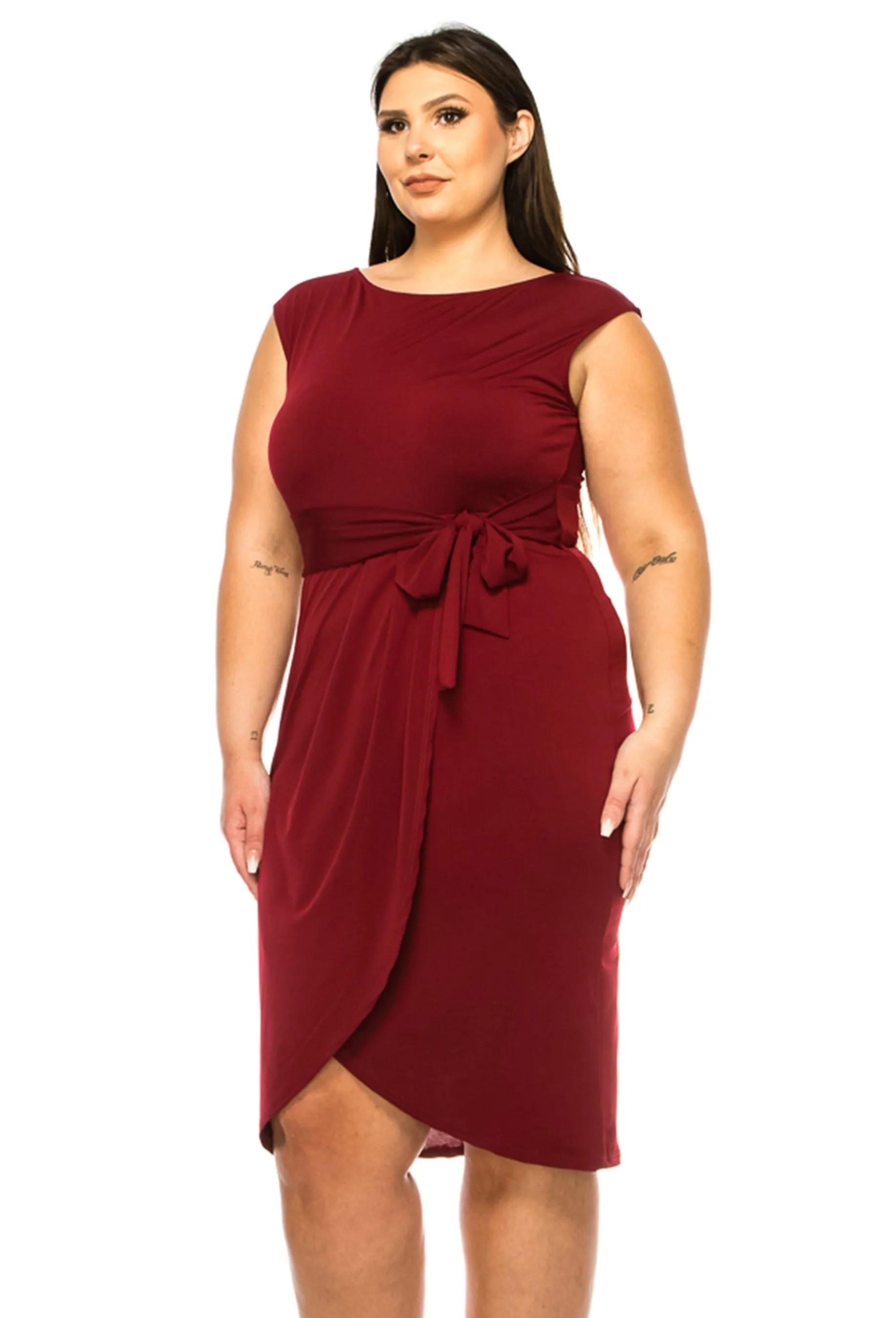 Women's Plus Size Sleeveless Sheath Dress Knife PleatsTulip Skirt Front Sash Detail