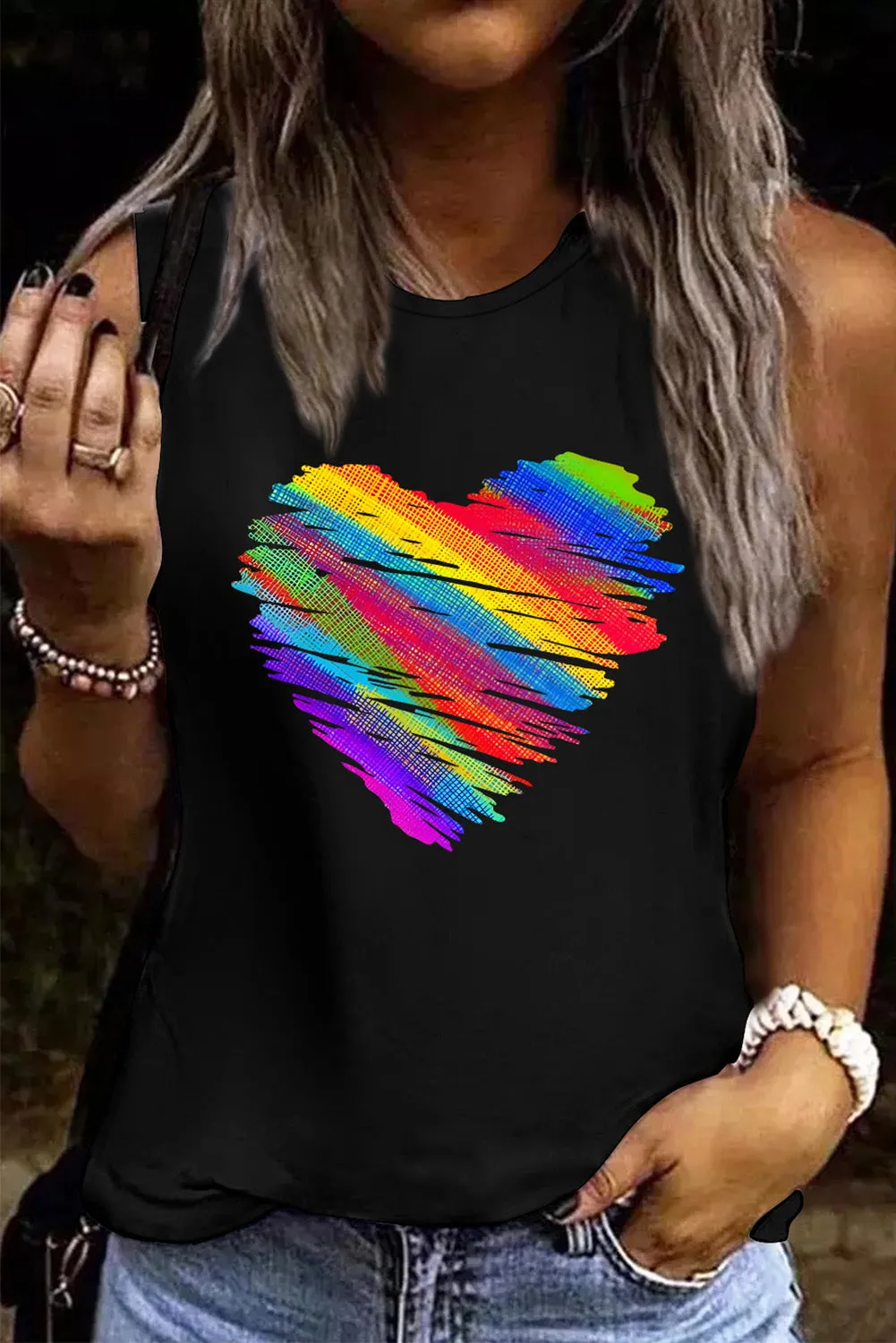 Womens Sleeveless Shirt Gay Pride Rainbow Heart Print Casual Tank Top