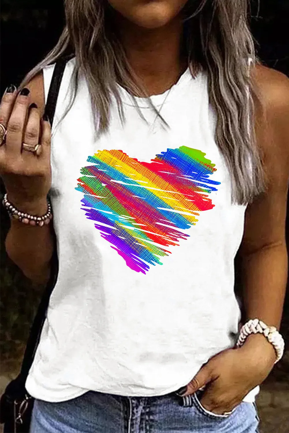 Womens Sleeveless Shirt Gay Pride Rainbow Heart Print Casual Tank Top