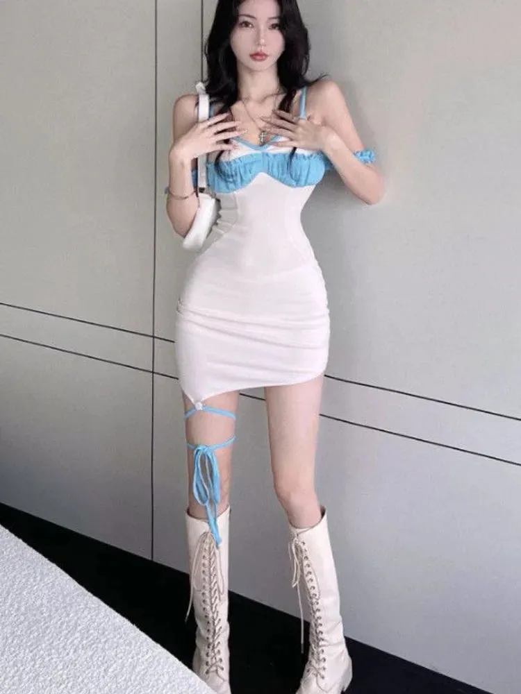 Y2k Sexy Bandage Slip Mini Dress Bodycon Wrap Summer Sundress Korean Fashion Kpop Spaghetti Strap Short Dresses Party