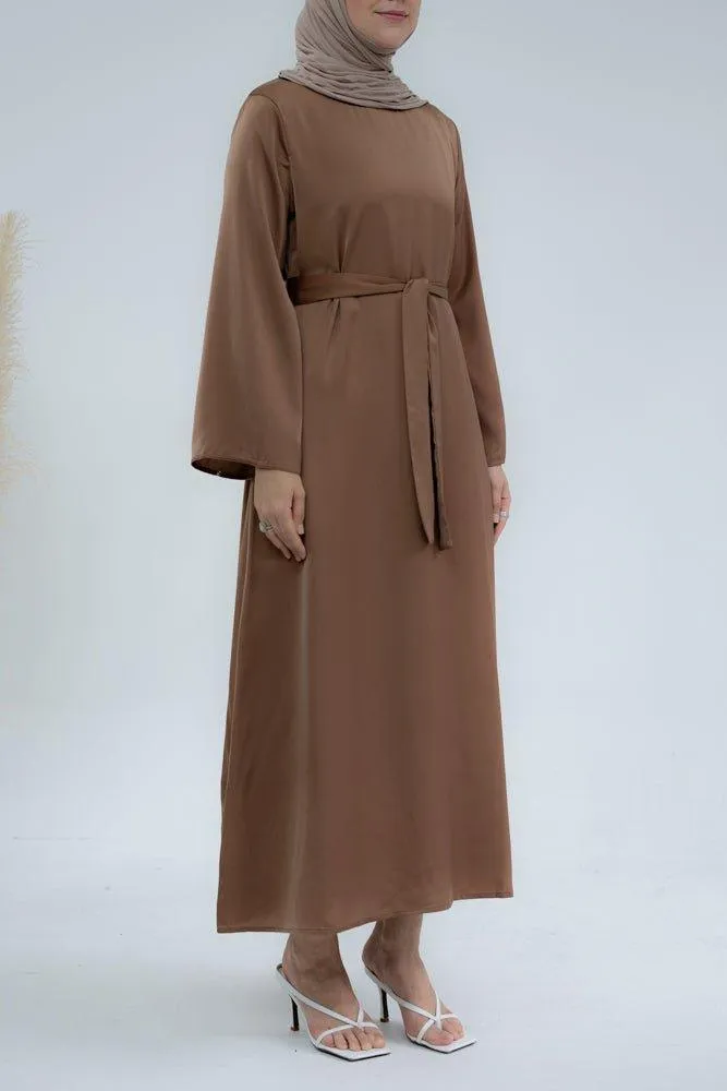 Yasmin Slip dress maxi length with a detachable belt and kimono sleeves in brown