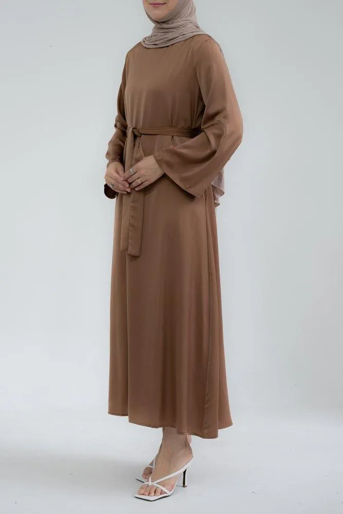 Yasmin Slip dress maxi length with a detachable belt and kimono sleeves in brown