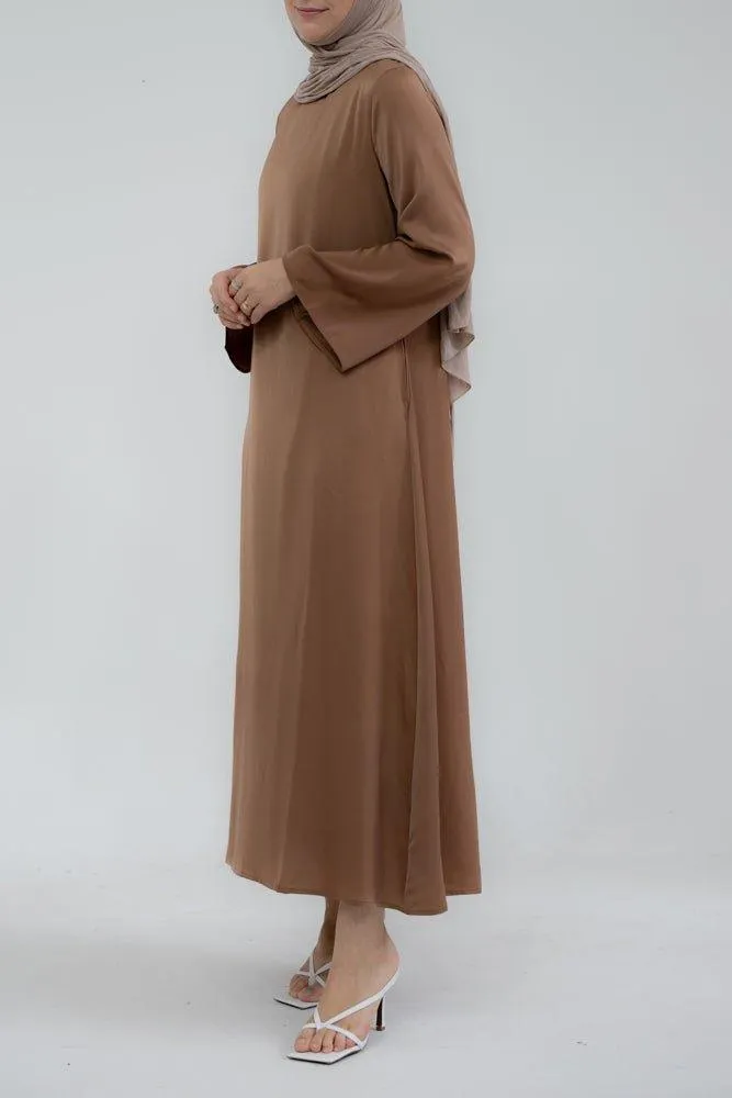 Yasmin Slip dress maxi length with a detachable belt and kimono sleeves in brown