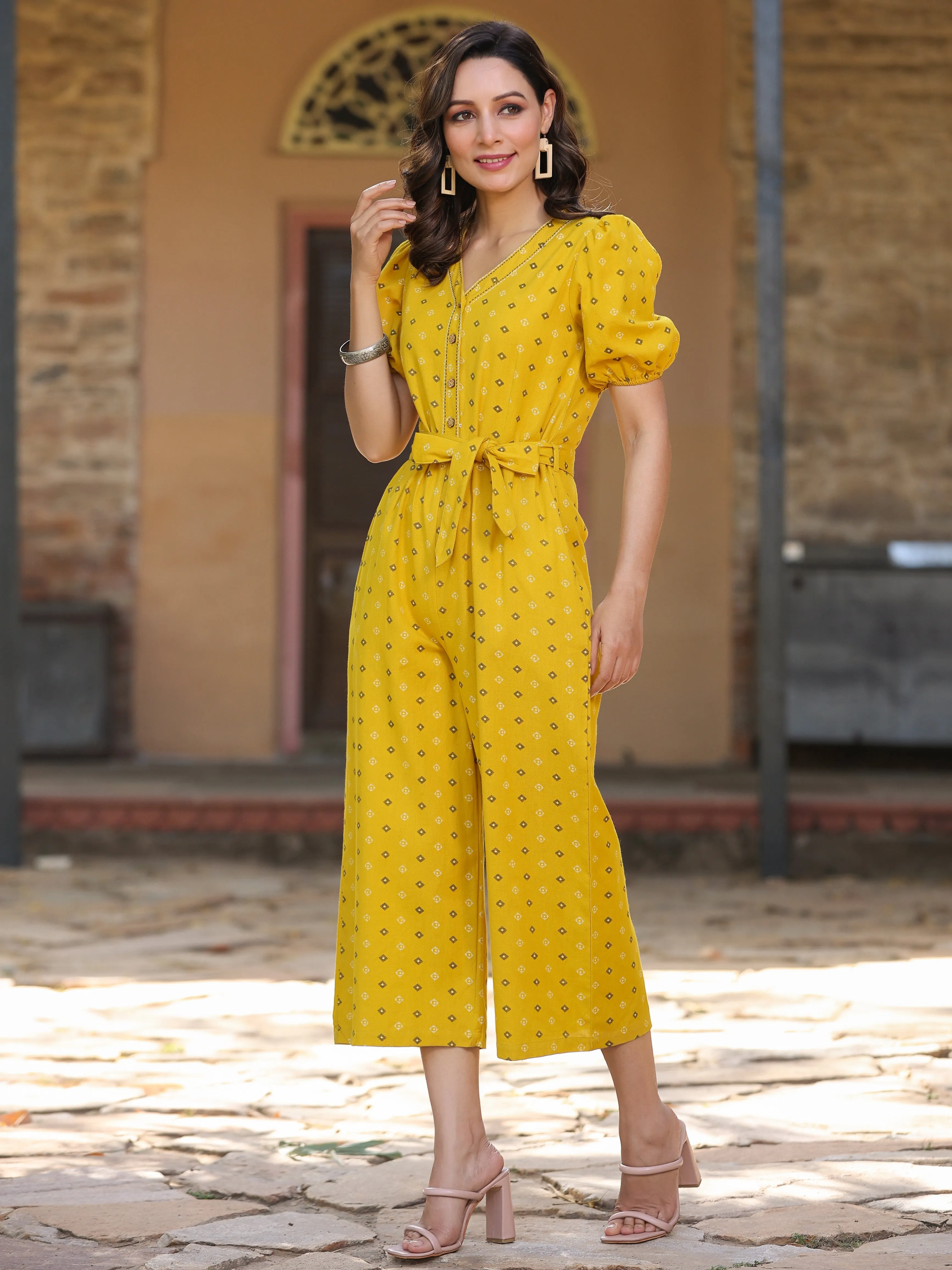 Yellow Cotton Printed Straight Jumpsuit