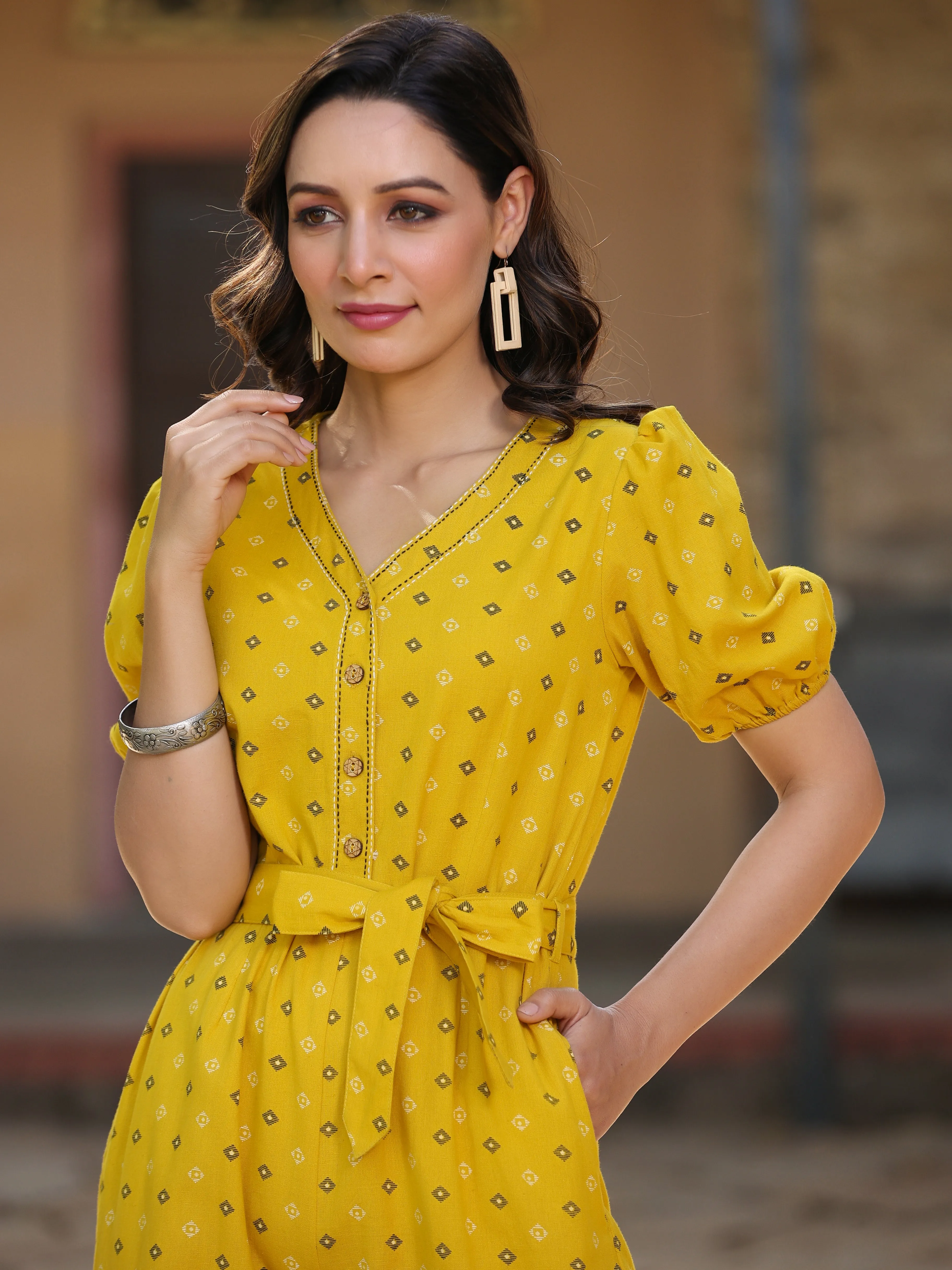 Yellow Cotton Printed Straight Jumpsuit