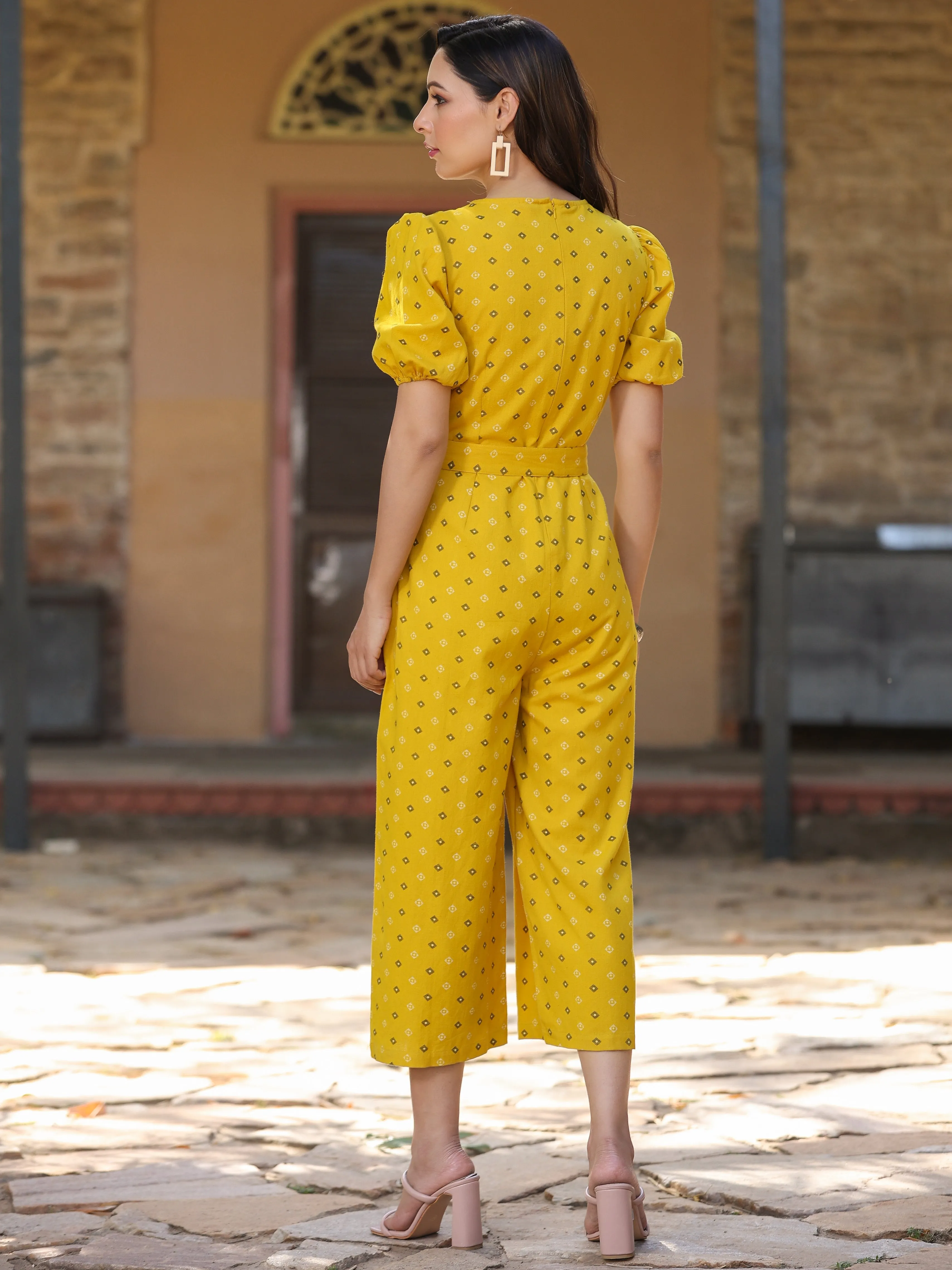 Yellow Cotton Printed Straight Jumpsuit