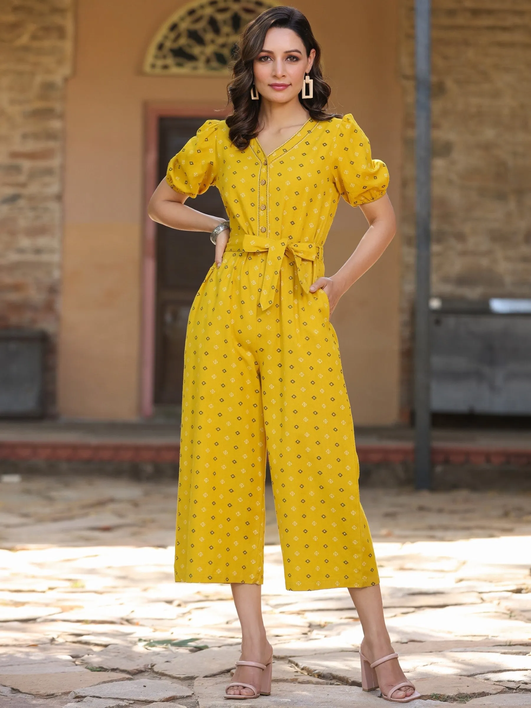 Yellow Cotton Printed Straight Jumpsuit