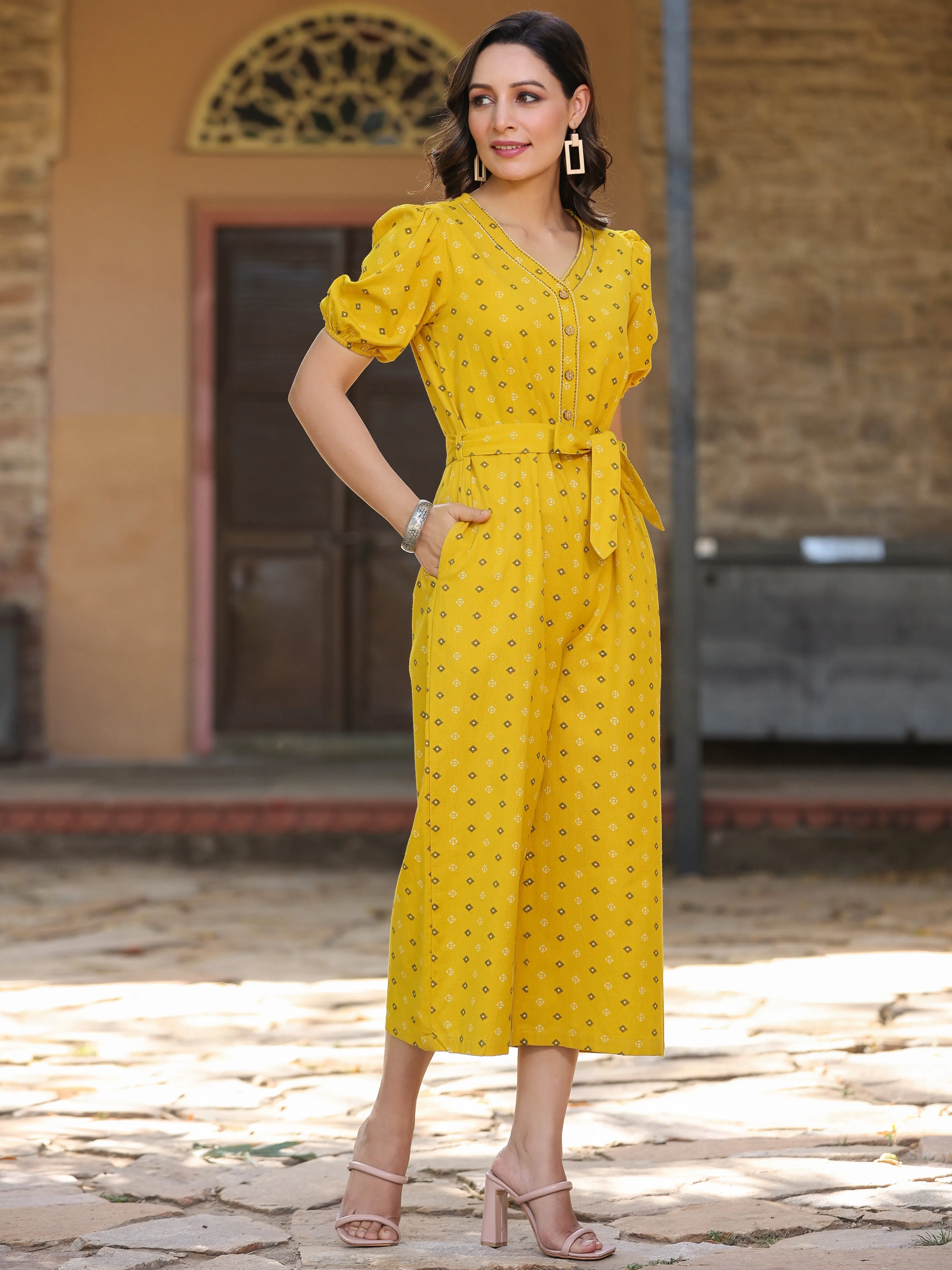 Yellow Cotton Printed Straight Jumpsuit