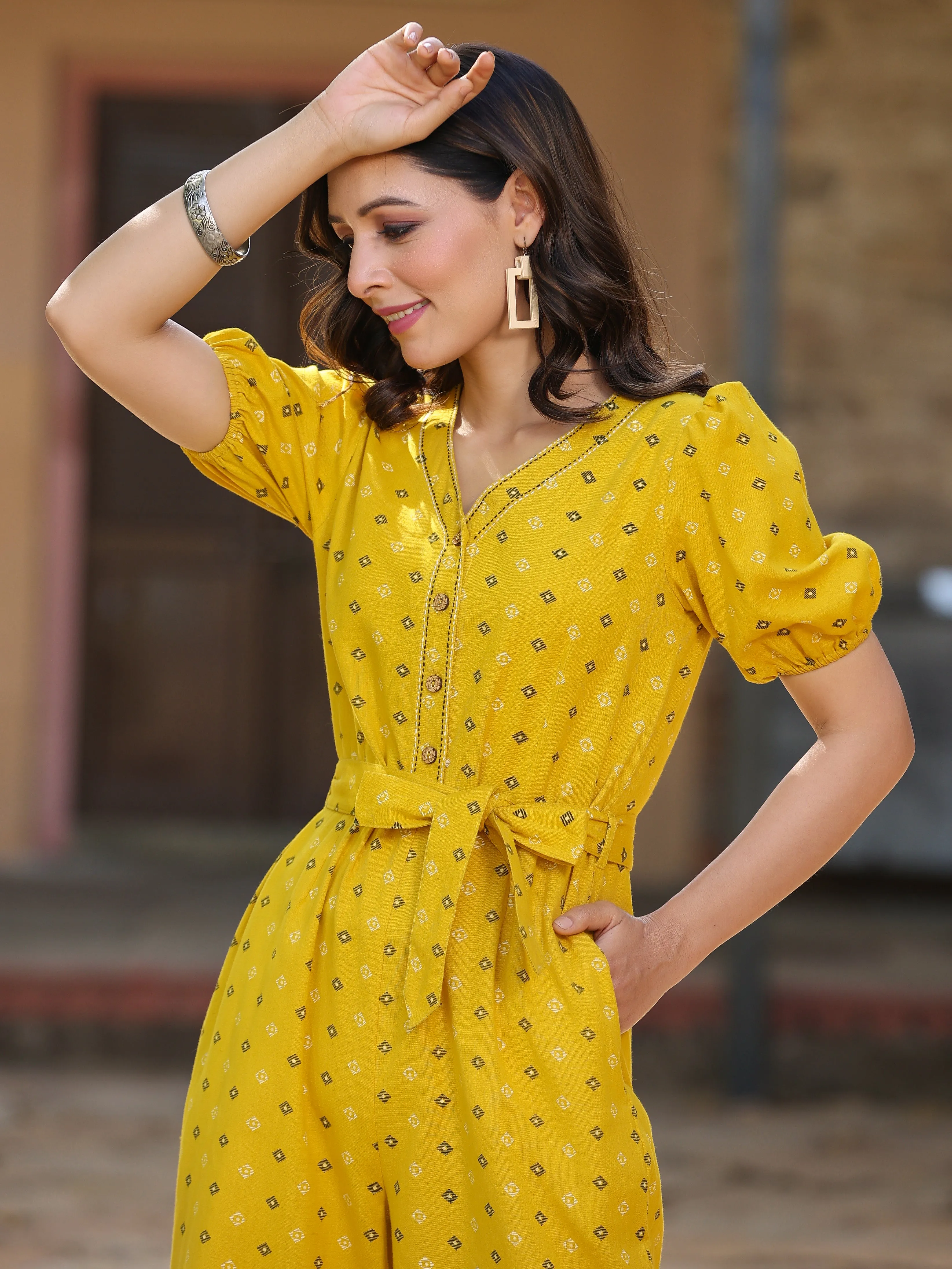 Yellow Cotton Printed Straight Jumpsuit