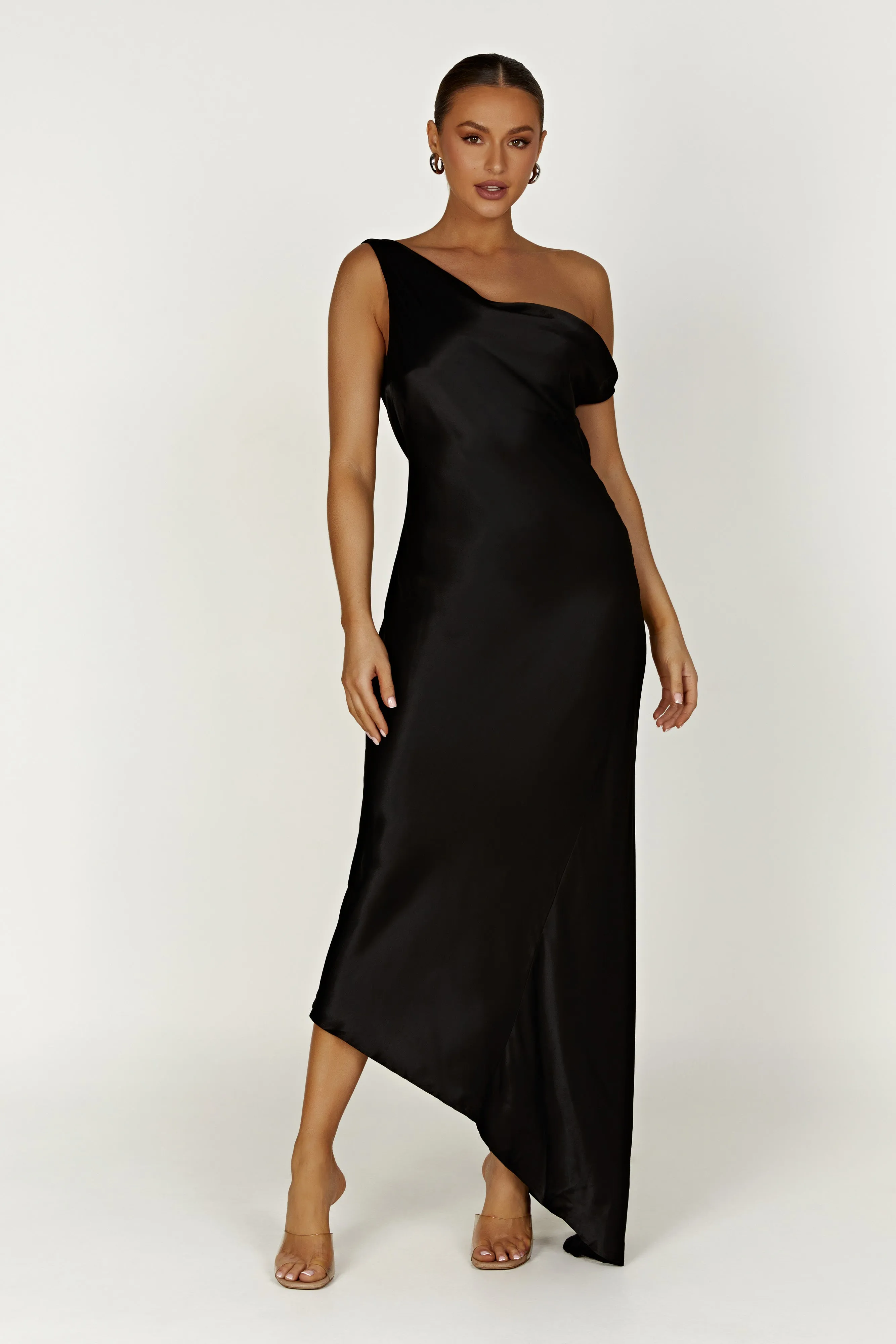 Yvette Slip Maxi Dress With Asymmetrical Hem - Black