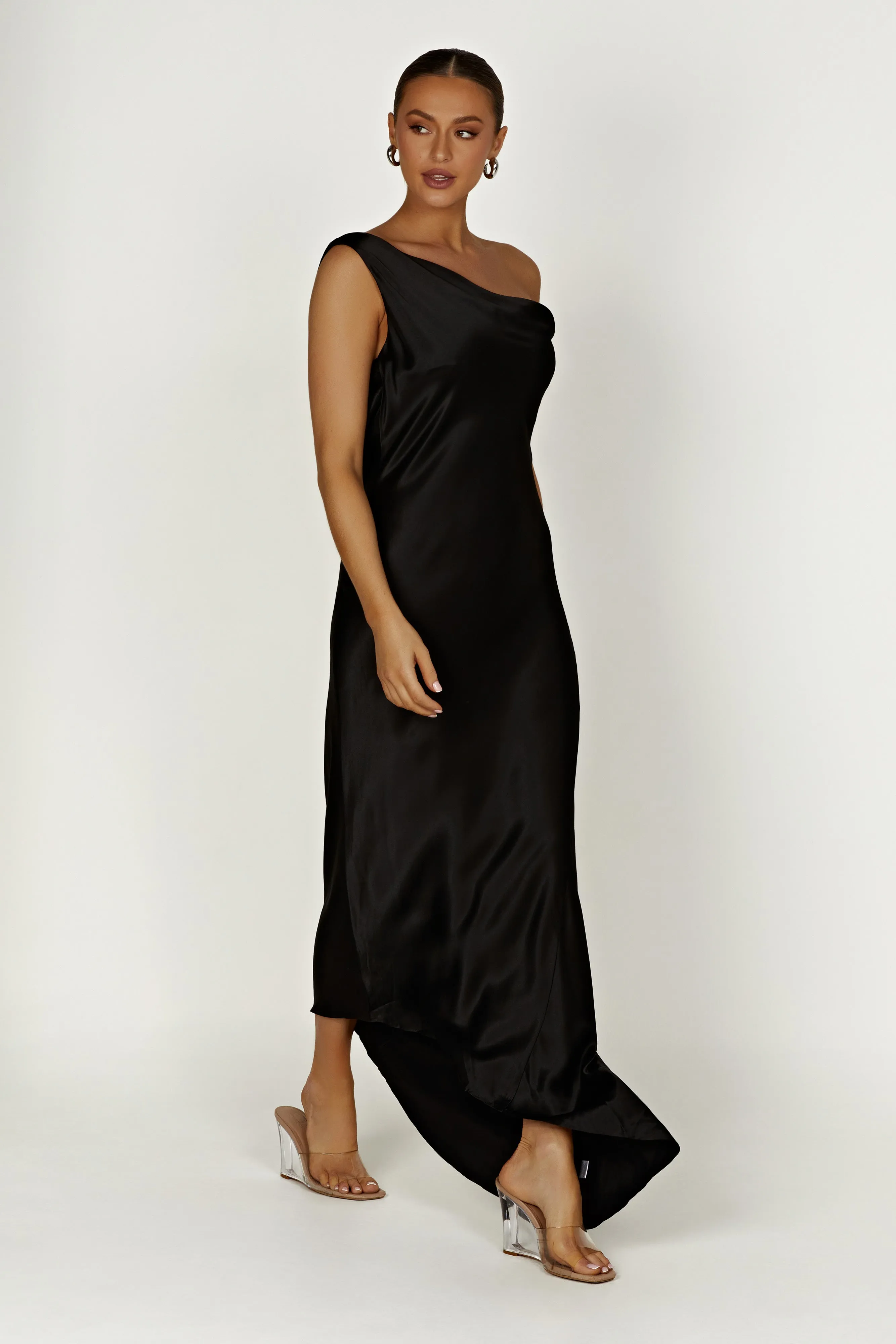 Yvette Slip Maxi Dress With Asymmetrical Hem - Black